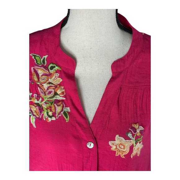 Figueroa & Flower Floral Blouse Pink Embroidered XL Button Roll‎ Tab Sleeve Fig - Picture 2 of 14